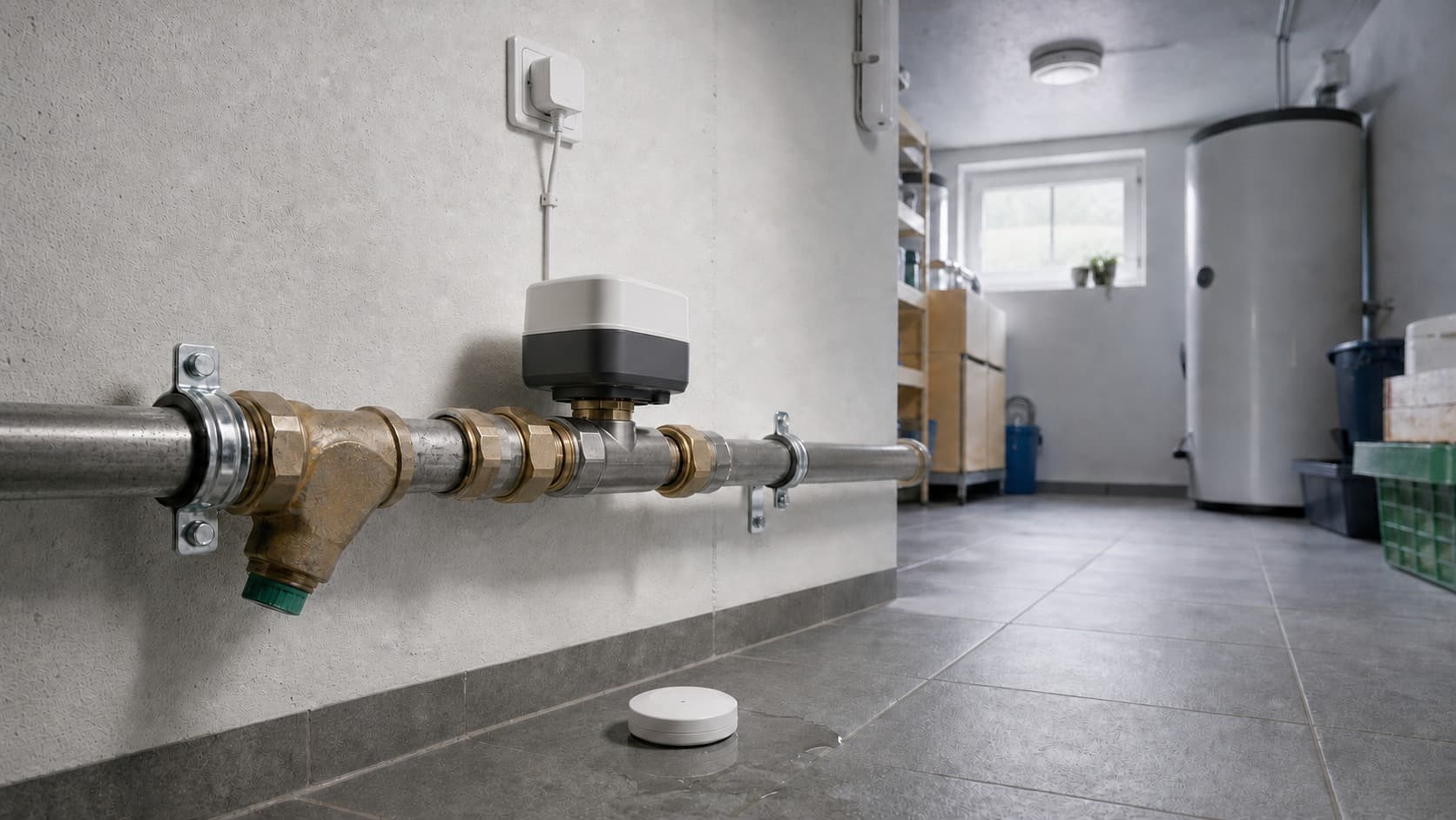 Smartes Absperrventil an einer fest installierten Wasserleitung mit Leckagesensor auf dem Boden