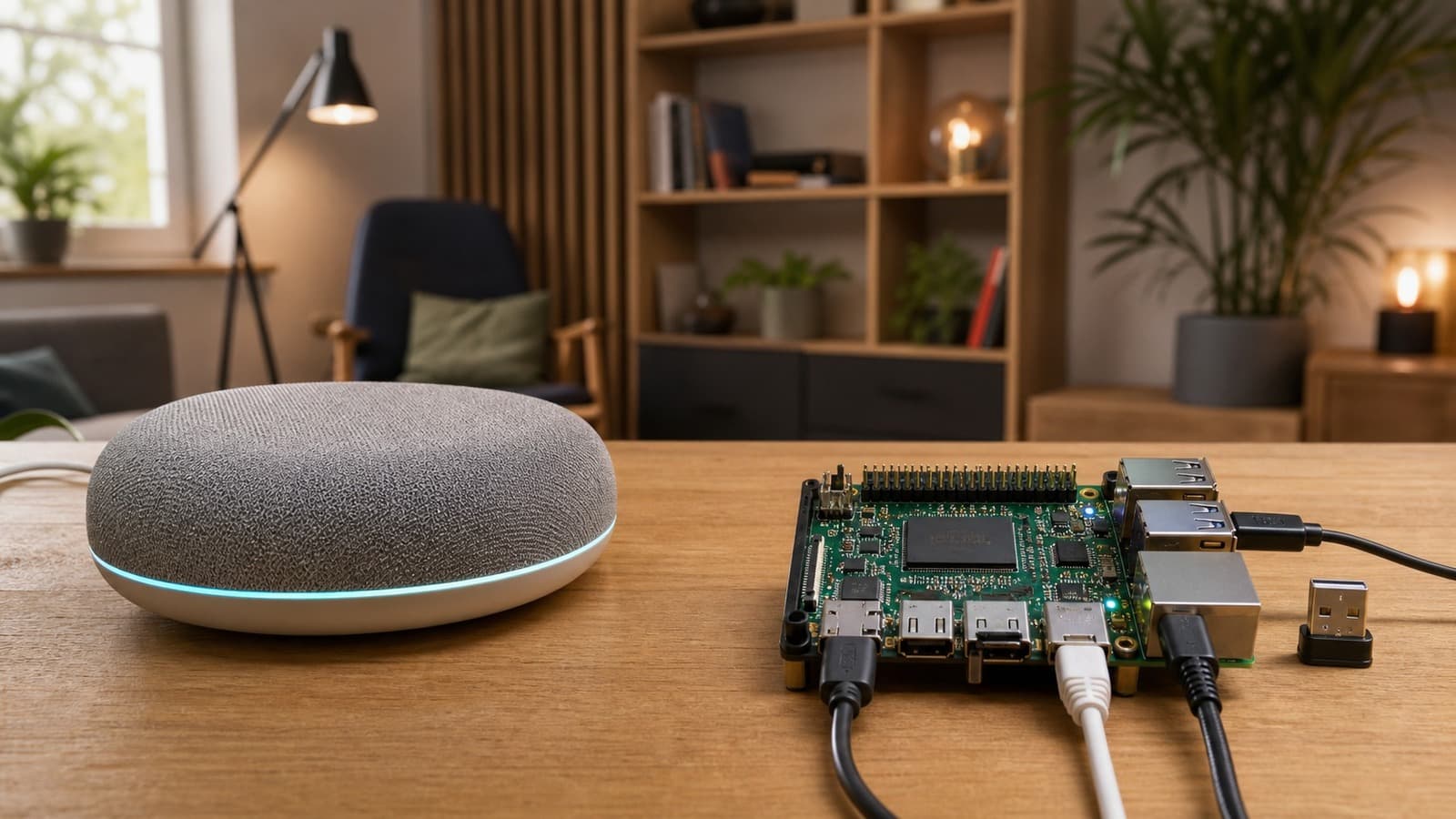 Unbranded consumer smart-home hub beside a DIY single-board controller with USB radio stick