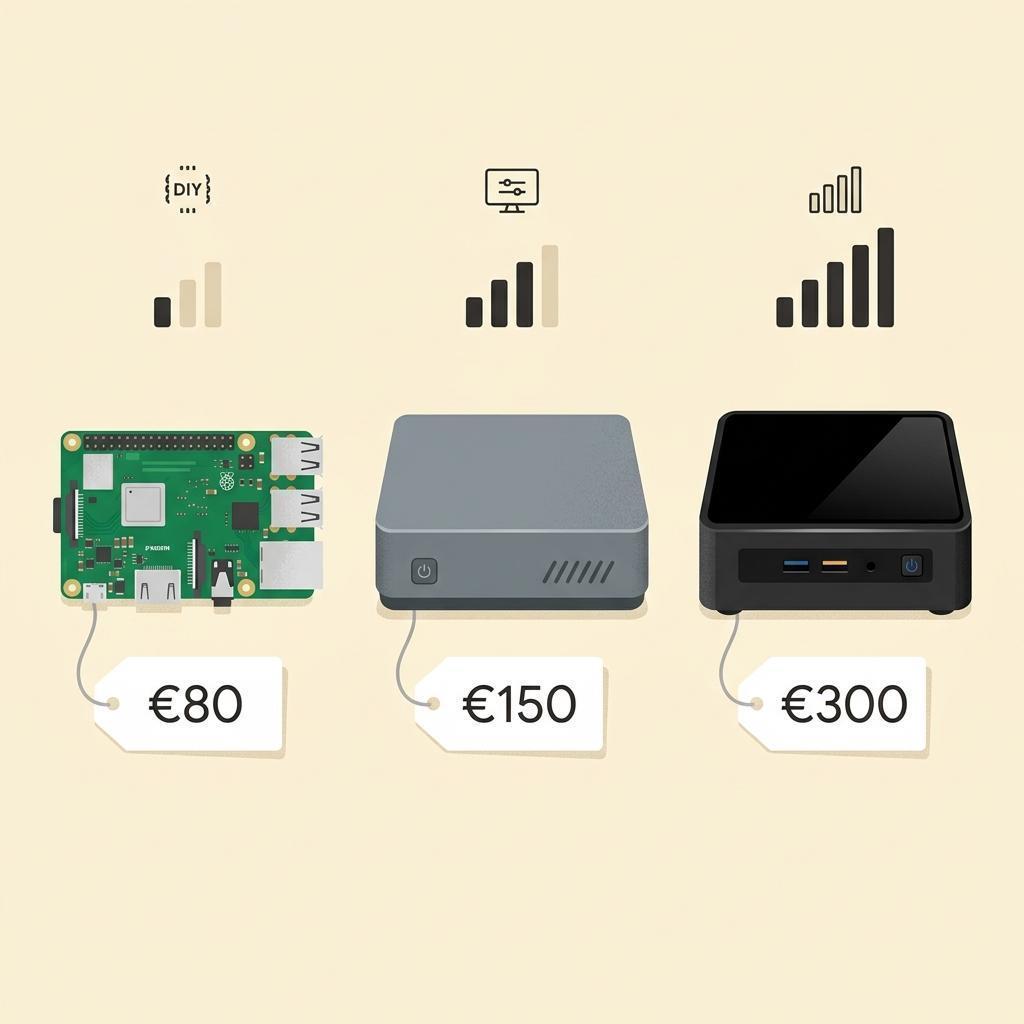 Vergleich von Raspberry Pi, Mini-PC und NUC nebeneinander