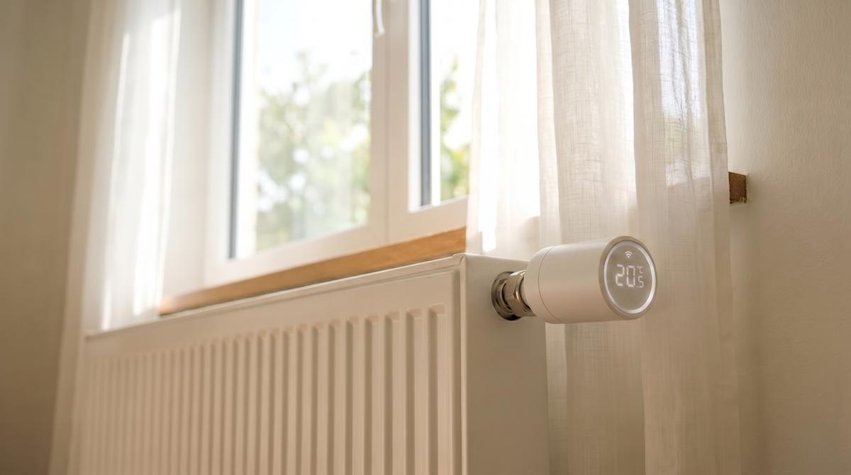 Smartes Heizkörperthermostat zeigt 20,5 Grad auf einem weißen Heizkörper am Fenster