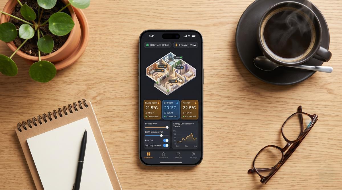 Flatlay mit Smartphone, Kaffeetasse und Notizbuch auf einem Holztisch, Smart-Home-App zeigt Hausplan